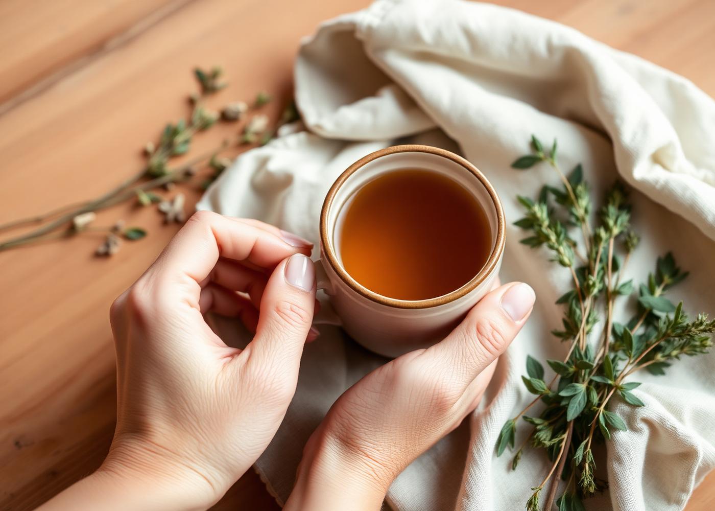 Hands cradling a warm herbal tea beside fresh herbs and linen