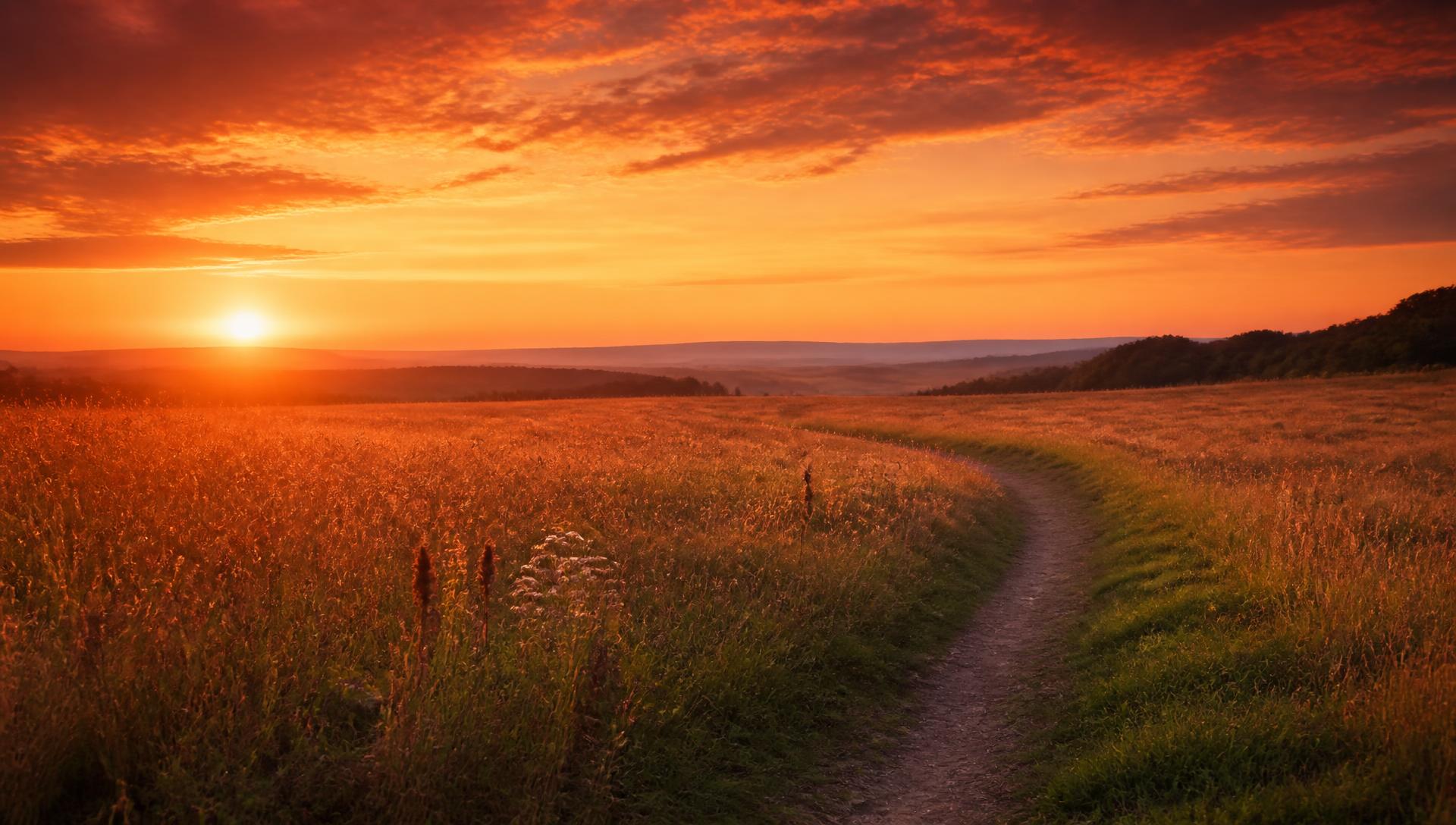 A quiet winding path through golden meadow grasses at sunset